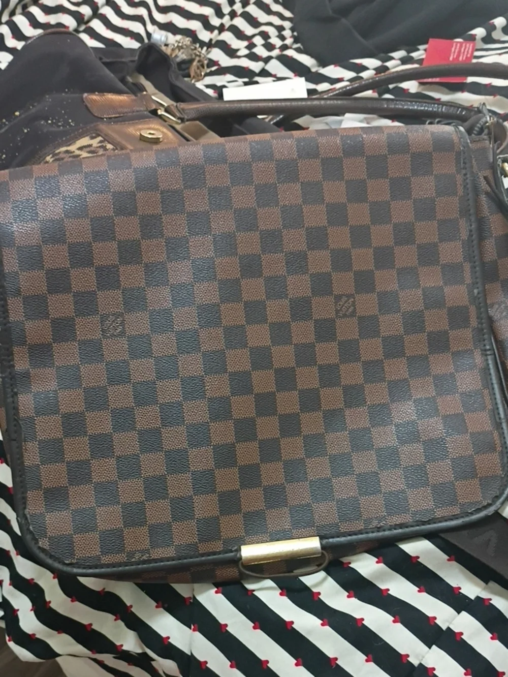 Louis Vuitton Brown Checkered Messenger Bag with Gold Hardware